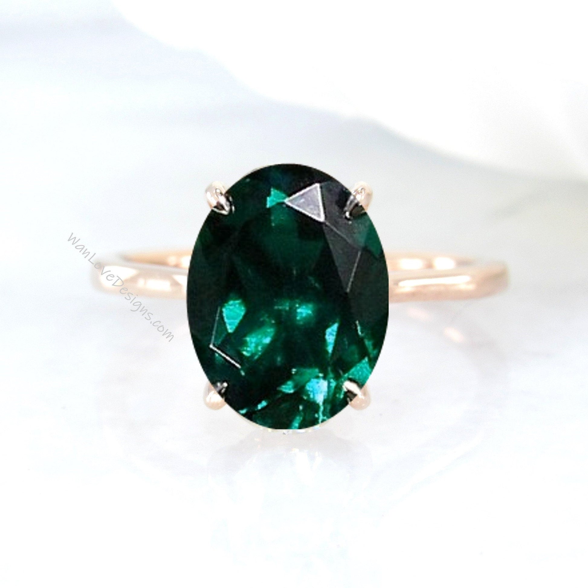 Emerald & Diamond Side Halo plain band Engagement Ring, Custom, 14k 18k White Yellow Rose Gold, Platinum, Wedding, WanLoveDesigns Wan Love Designs