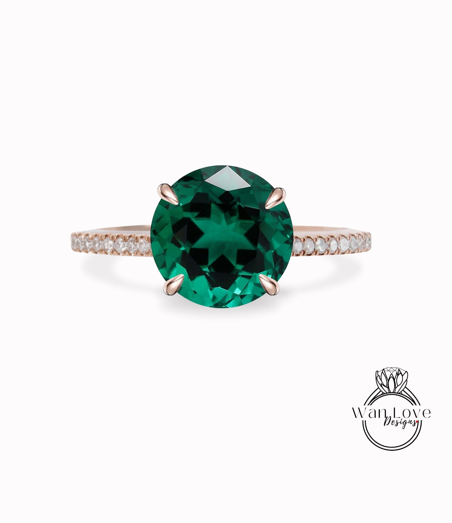 Emerald & Diamond Side Halo prongs Basket Round Engagement Ring, 3/4 Almost Eternity, Custom, Wedding, 14kt 18kt Gold, Platinum Wan Love Designs