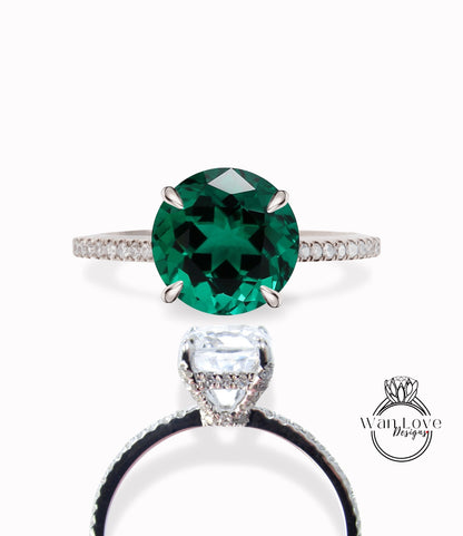 Emerald & Diamond Side Halo prongs Basket Round Engagement Ring, 3/4 Almost Eternity, Custom, Wedding, 14kt 18kt Gold, Platinum Wan Love Designs