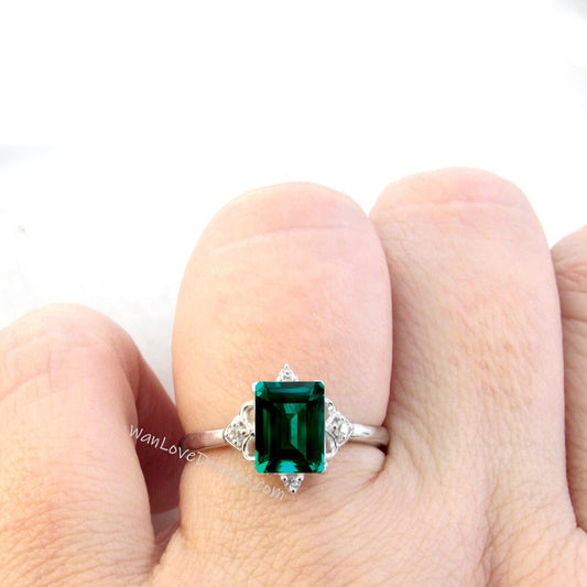 Emerald & Diamonds Dainty Emerald Art Deco Ornate Engagement Ring, 14kt 18kt Gold-Platinum-Wedding-Anniversary Gift, WanLoveDesigns Wan Love Designs