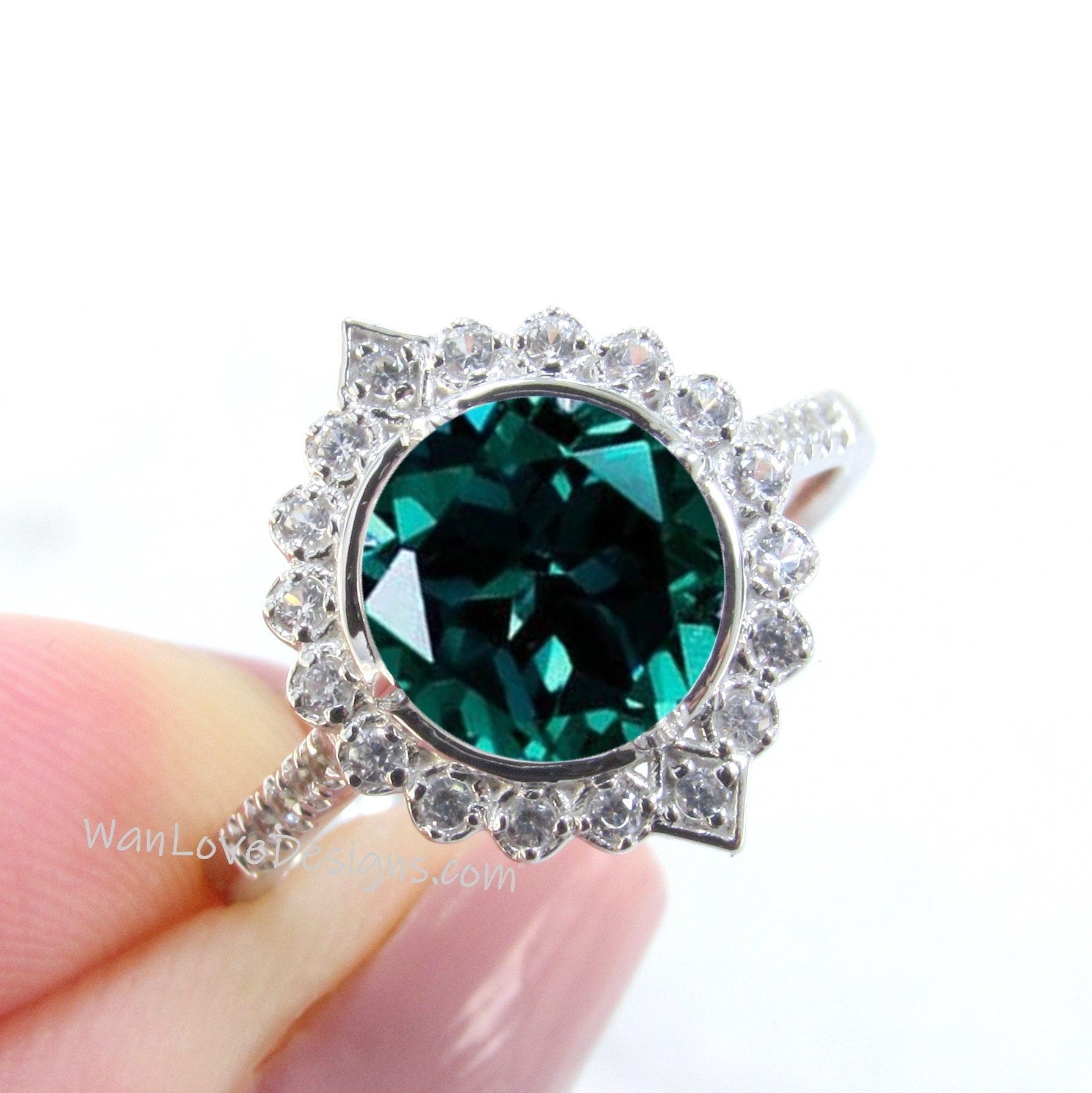 Emerald & Diamonds Geometric Halo Engagement Ring Round, Custom,14k 18k White Yellow Rose Gold-Platinum-Wedding, WanLoveDesigns Wan Love Designs