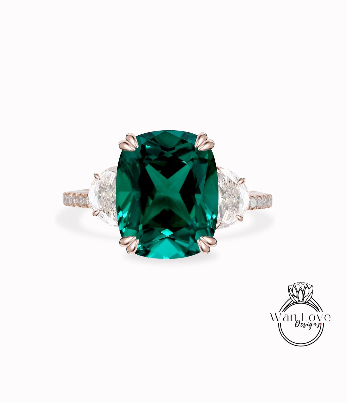 Emerald Diamonds & Moissanite Engagement Ring Oval Cushion Half Moon 3 Gem Stone 14k 18k White Yellow Rose Gold,Platinum,Custom Wan Love Designs