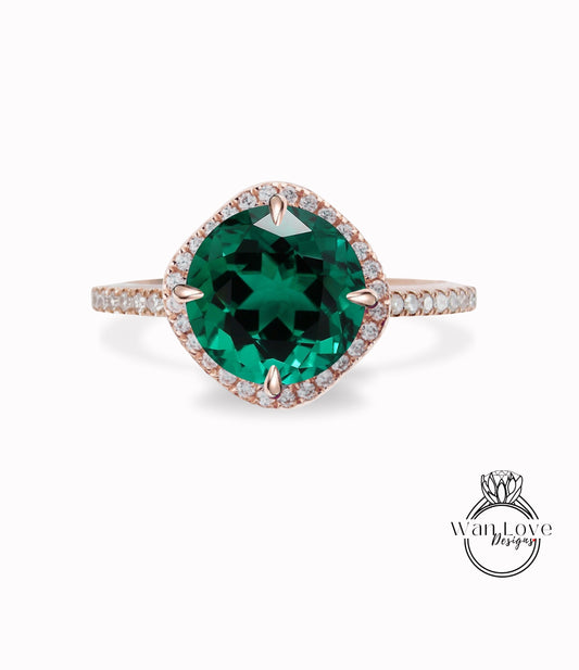 Emerald Diamonds North South Kite Cushion Halo Engagement Ring-Round 14k 18k White Yellow Rose Gold-Platinum-Custom-Wedding-Gift Wan Love Designs