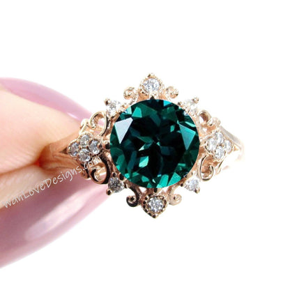 Emerald & Diamonds Ornate Floral Quatrefoil Engagement Ring Round 2ct 8mm Custom Wedding Anniversary Gift Wan Love Designs