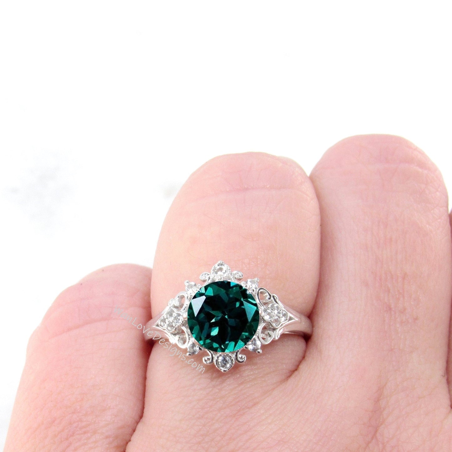 Emerald & Diamonds Ornate Floral Quatrefoil Engagement Ring Round 2ct 8mm Custom Wedding Anniversary Gift Wan Love Designs