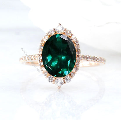 Emerald & Diamonds Oval Graduated Halo Engagement Ring, Custom, Wedding, 14k 18k White Rose Yellow Gold, Platinum, WanLoveDesigns Wan Love Designs