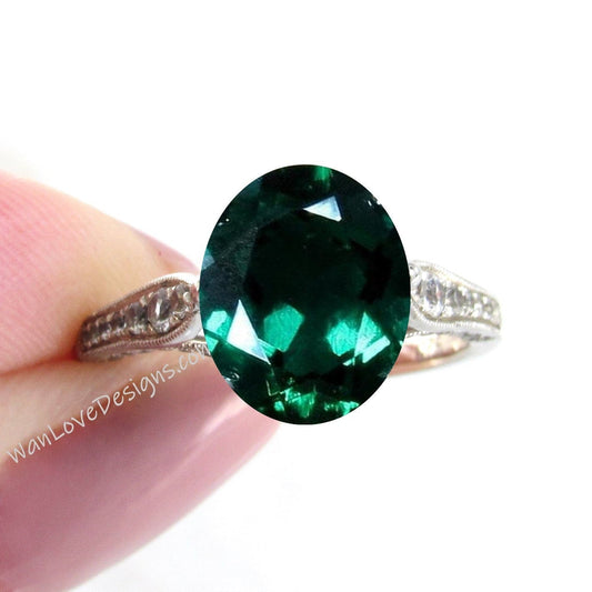 Emerald Diamonds Oval Vintage Antique Filigree Engagement Ring Milgrain Scroll 3ct 9x7mm Custom Anniversary Wan Love Designs