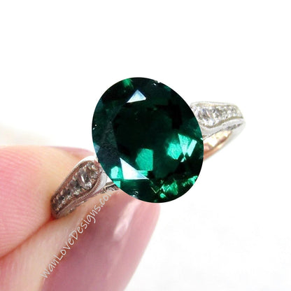 Emerald Diamonds Oval Vintage Antique Filigree Engagement Ring Milgrain Scroll 3ct 9x7mm Custom Anniversary Wan Love Designs