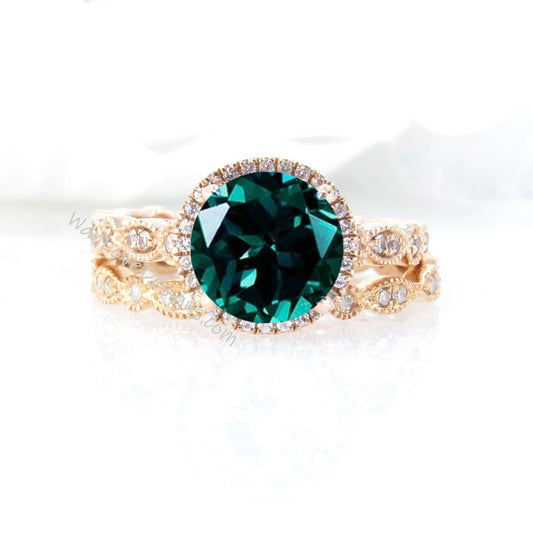 Emerald Diamonds Round Halo WITH or WITHOUT Milgrain Wedding Set Rings Rings, 14kt Solid Rose Gold, WanLoveDesigns Wan Love Designs