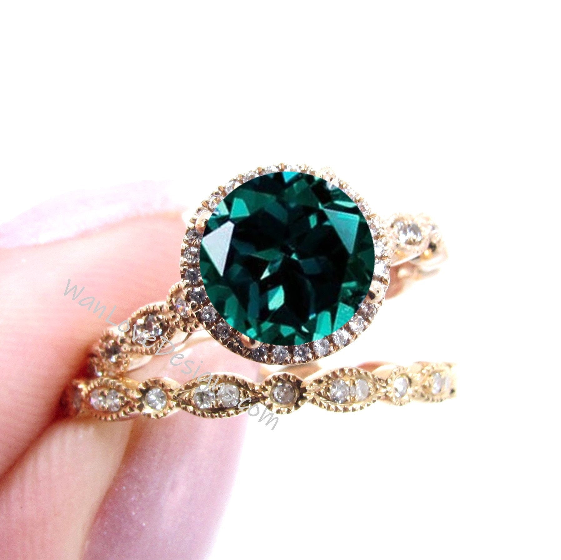 Emerald Diamonds Round Halo WITH or WITHOUT Milgrain Wedding Set Rings Rings, 14kt Solid Rose Gold, WanLoveDesigns Wan Love Designs