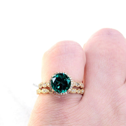 Emerald Diamonds Round Halo WITH or WITHOUT Milgrain Wedding Set Rings Rings, 14kt Solid Rose Gold, WanLoveDesigns Wan Love Designs