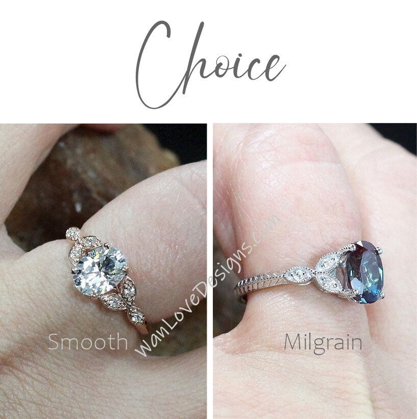 Emerald & Diamonds Round Leaf Antique Cluster Engagement Ring Engraved Milgrain Smooth 14kt 18kt Gold Platinum Custom Wedding Wan Love Designs