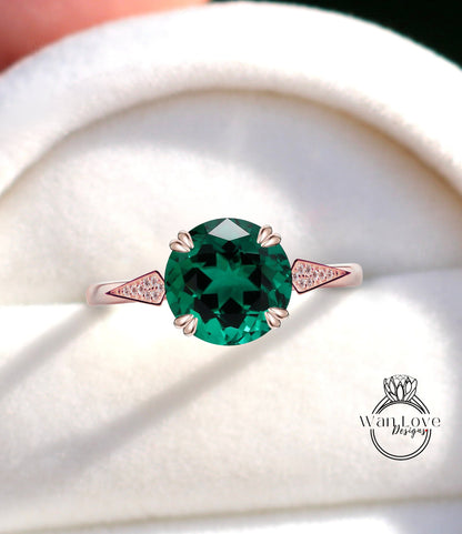 Emerald & Diamonds round engagement ring vintage Rose gold Unique Cluster women Kite Pave Diamond shield wedding Bridal Anniversary gift Wan Love Designs