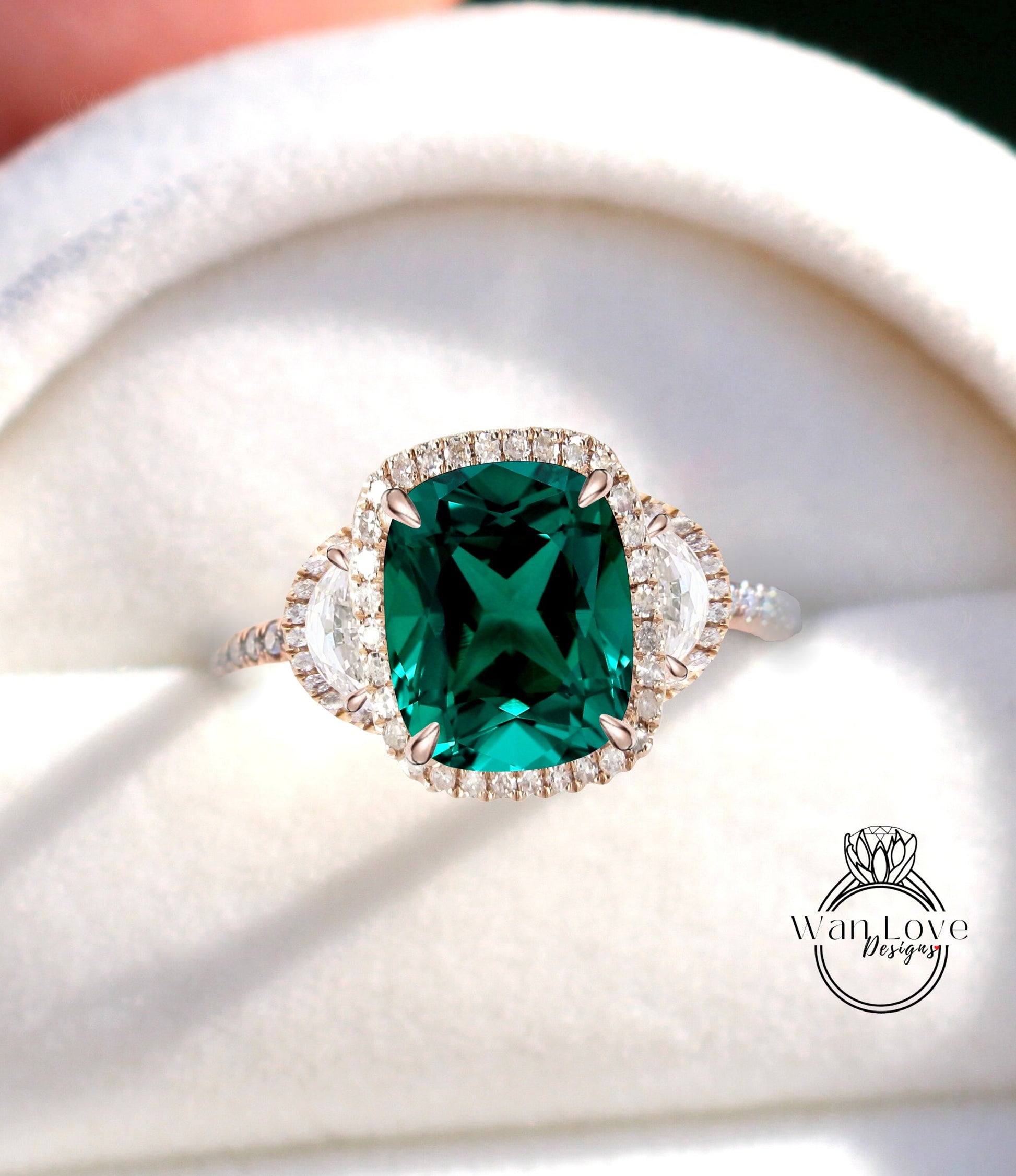 Emerald Elongated Long Cushion Triple Diamond Halo Engagement Ring 3 Gem Stone Half Moon Moissanite Diamond 14k 18k Rose White Yellow gold Platinum Anniversary Gift Wan Love Designs