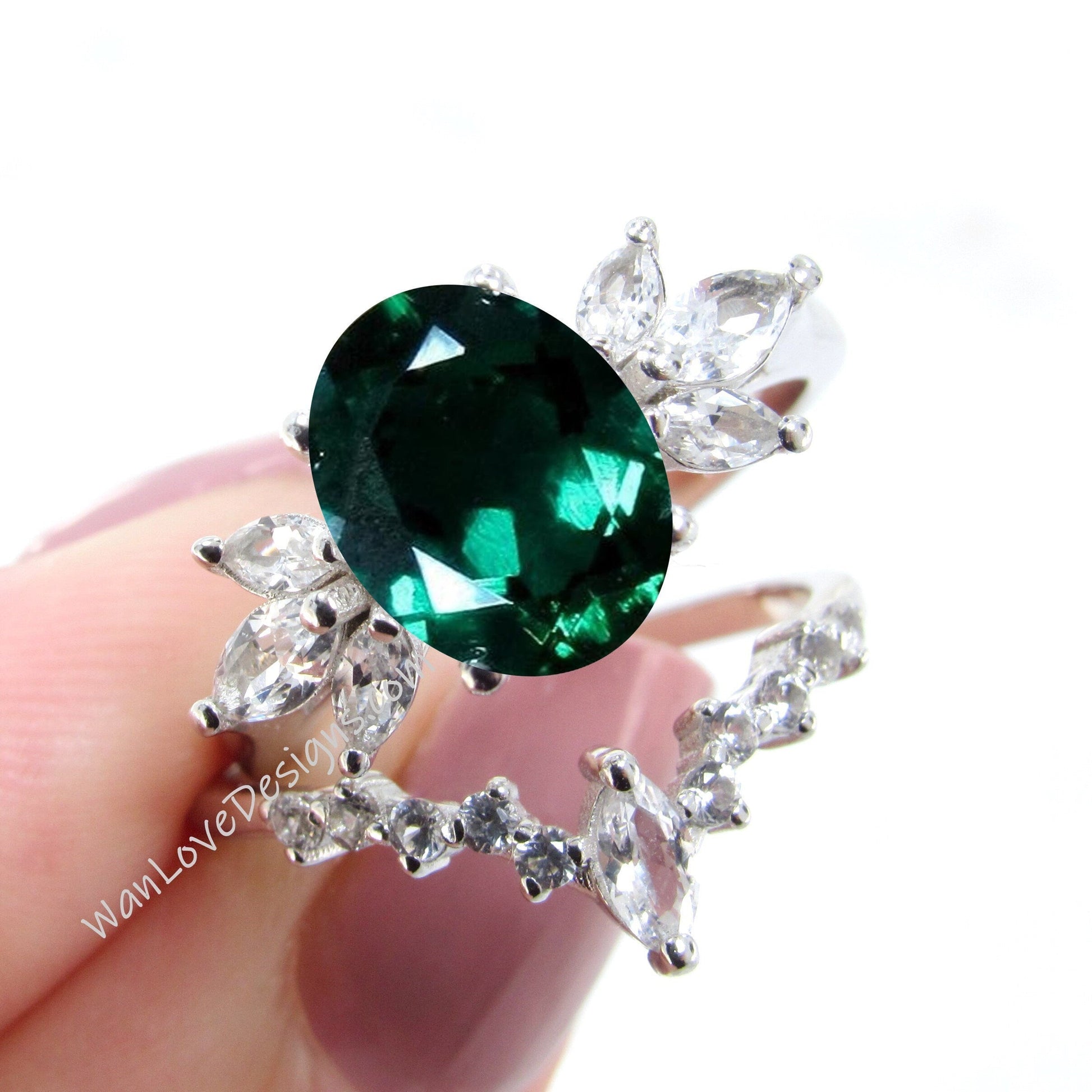 Emerald Engagement Ring Set, Emerald moissanite ring set with marquise white sapphires side gems Wan Love Designs