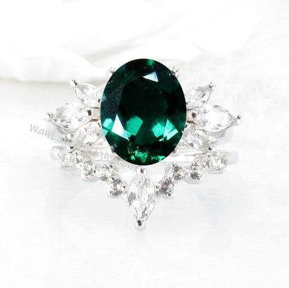 Emerald Engagement Ring Set, Emerald moissanite ring set with marquise white sapphires side gems Wan Love Designs