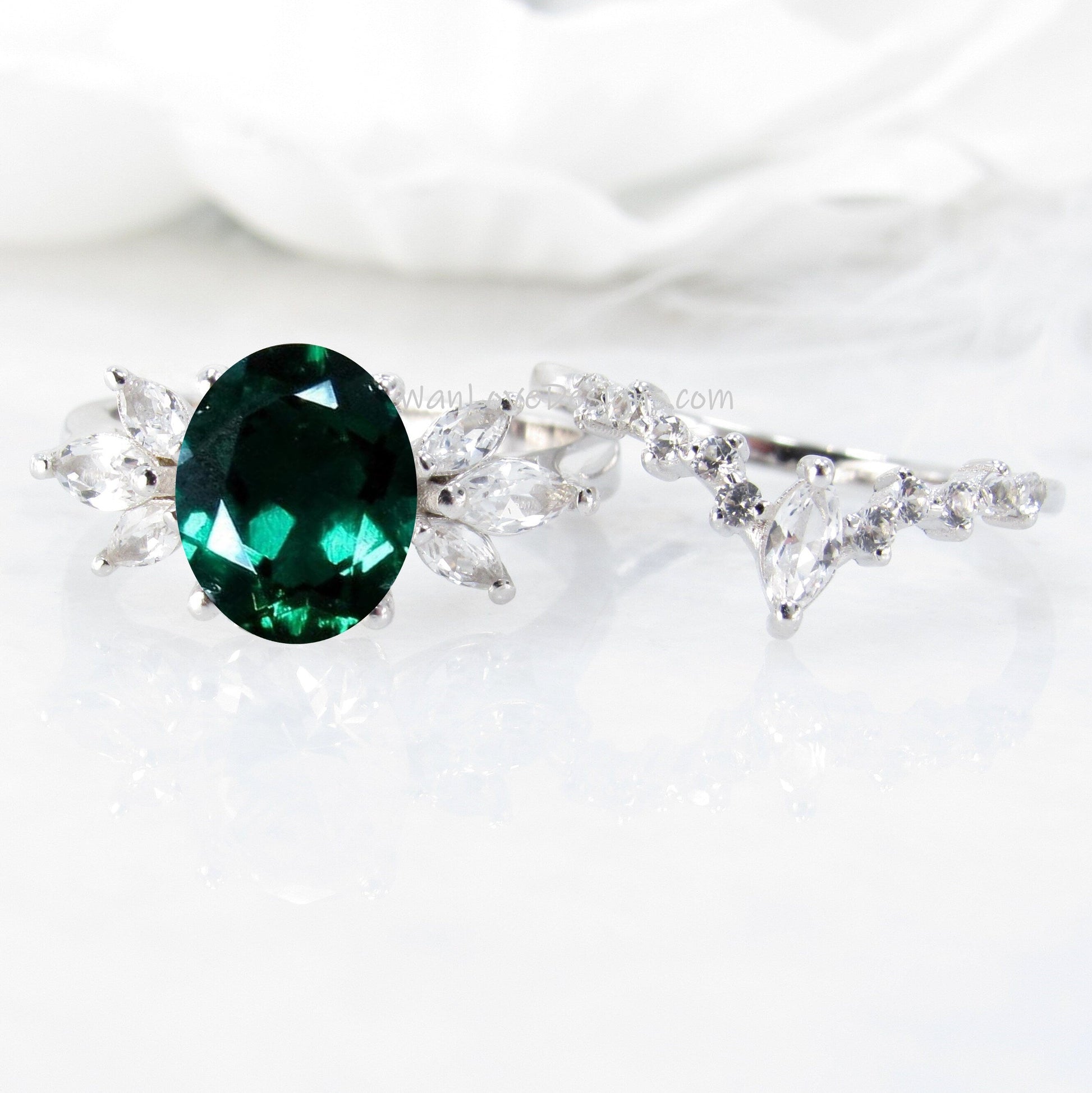 Emerald Engagement Ring Set, Emerald moissanite ring set with marquise white sapphires side gems Wan Love Designs