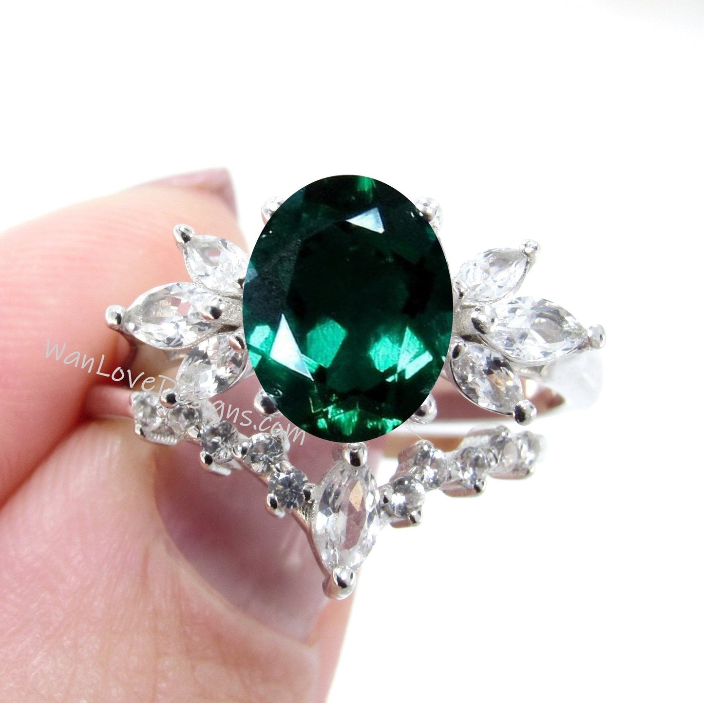 Emerald Engagement Ring Set, Emerald moissanite ring set with marquise white sapphires side gems Wan Love Designs