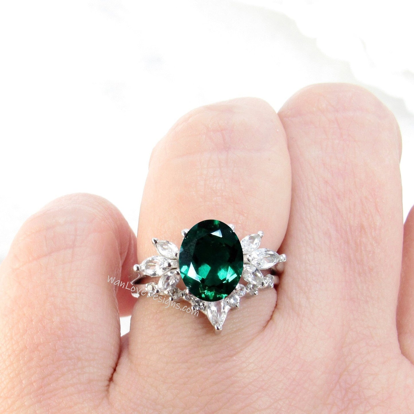 Emerald Engagement Ring Set, Emerald moissanite ring set with marquise white sapphires side gems Wan Love Designs