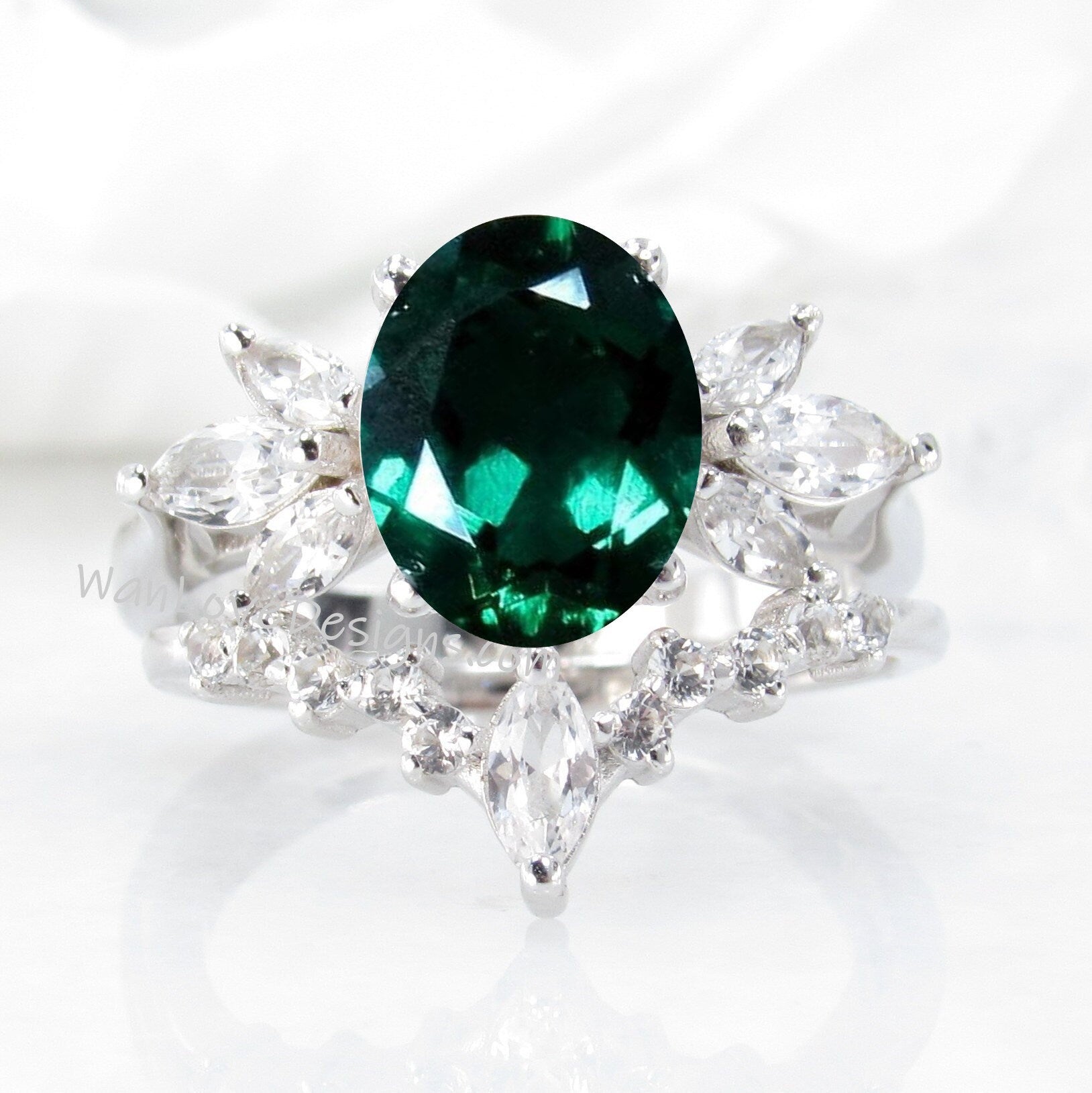 Emerald Engagement Ring Set, Emerald moissanite ring set with marquise white sapphires side gems Wan Love Designs