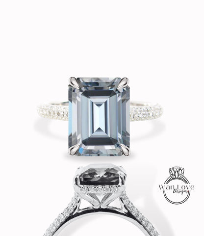 Emerald Gray Moissanite Engagement Ring, Celebrity style Ring, Diamonds Side Hidden Halo Wedding Ring, Emerald shape Ring, Anniversary Gift Wan Love Designs