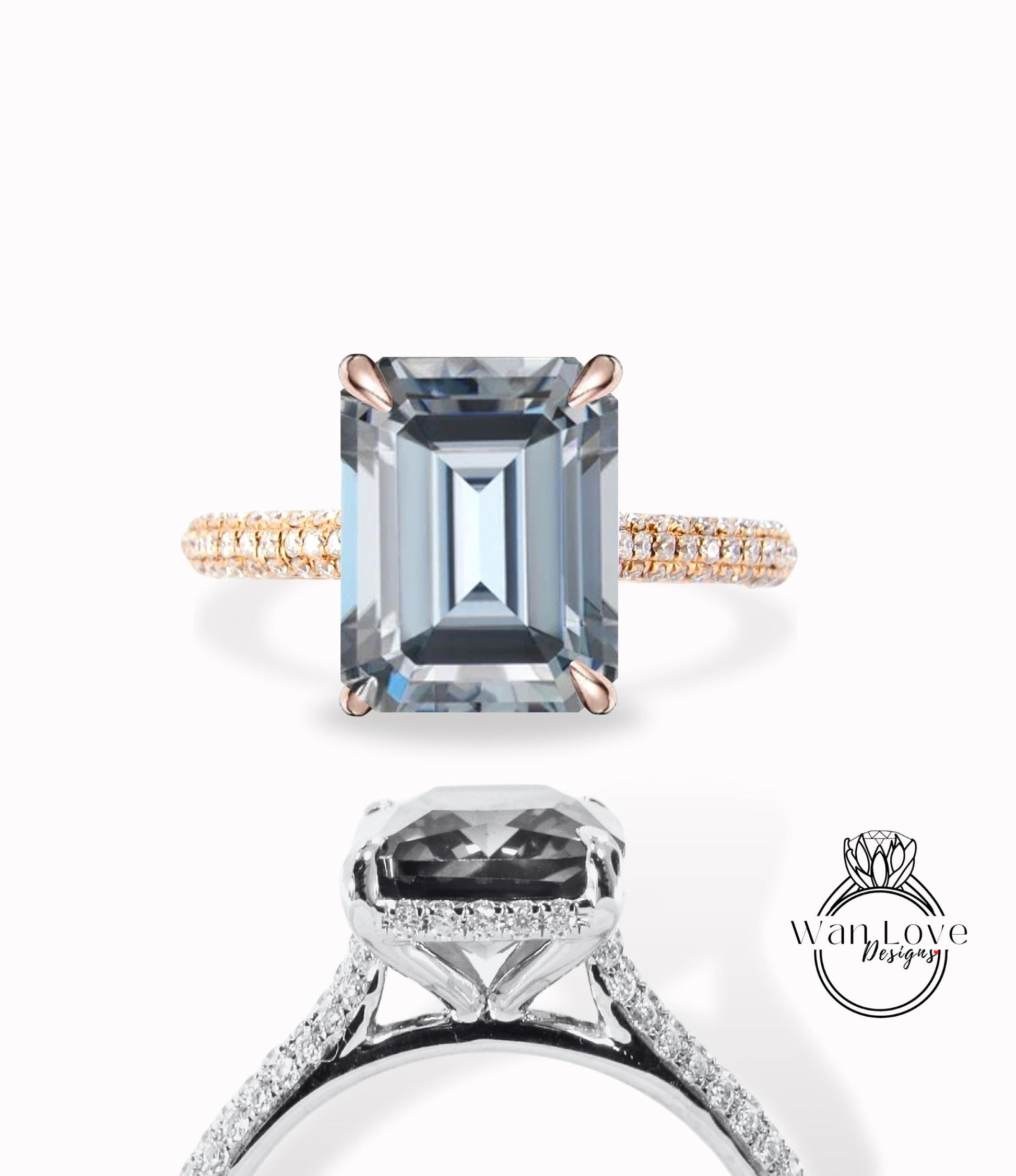 Emerald Gray Moissanite Engagement Ring, Celebrity style Ring, Diamonds Side Hidden Halo Wedding Ring, Emerald shape Ring, Anniversary Gift Wan Love Designs