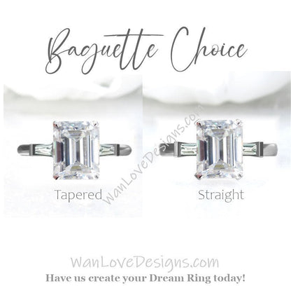 Emerald & Moissanite 3 Stone Engagement Ring Emerald Baguette 14k 18k White Yellow Rose Gold-Platinum-Custom-Wedding Wan Love Designs