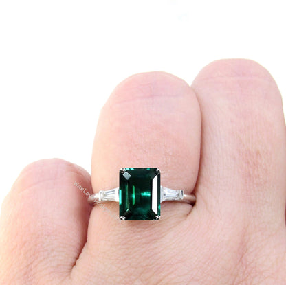 Emerald & Moissanite 3 Stone Engagement Ring Emerald Baguette 14k 18k White Yellow Rose Gold-Platinum-Custom-Wedding Wan Love Designs
