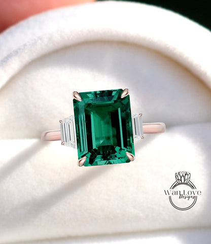 Emerald Moissanite Engagement Ring Emerald cut 14K/18K rose gold ring vintage trapezoid art deco ring wedding Bridal Anniversary gift Wan Love Designs