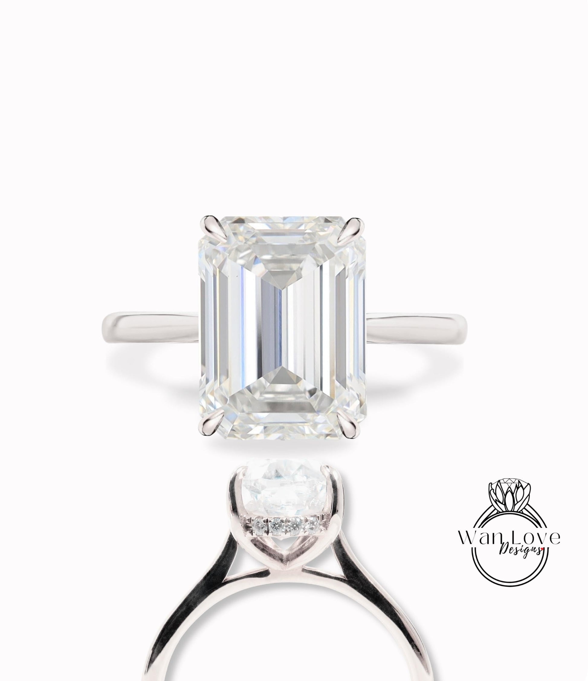 Emerald Moissanite Engagement Ring Radiant Diamond Side Halo tapered plain gold Ring Art Deco Wedding Bridal Ring Anniversary Promise Ring Wan Love Designs