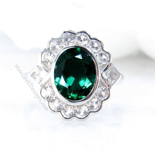 Emerald & Moissanite Oval Semi Bezel Cluster Princess Round Halo Engagement Ring Custom Wedding Jewelry Wan Love Designs