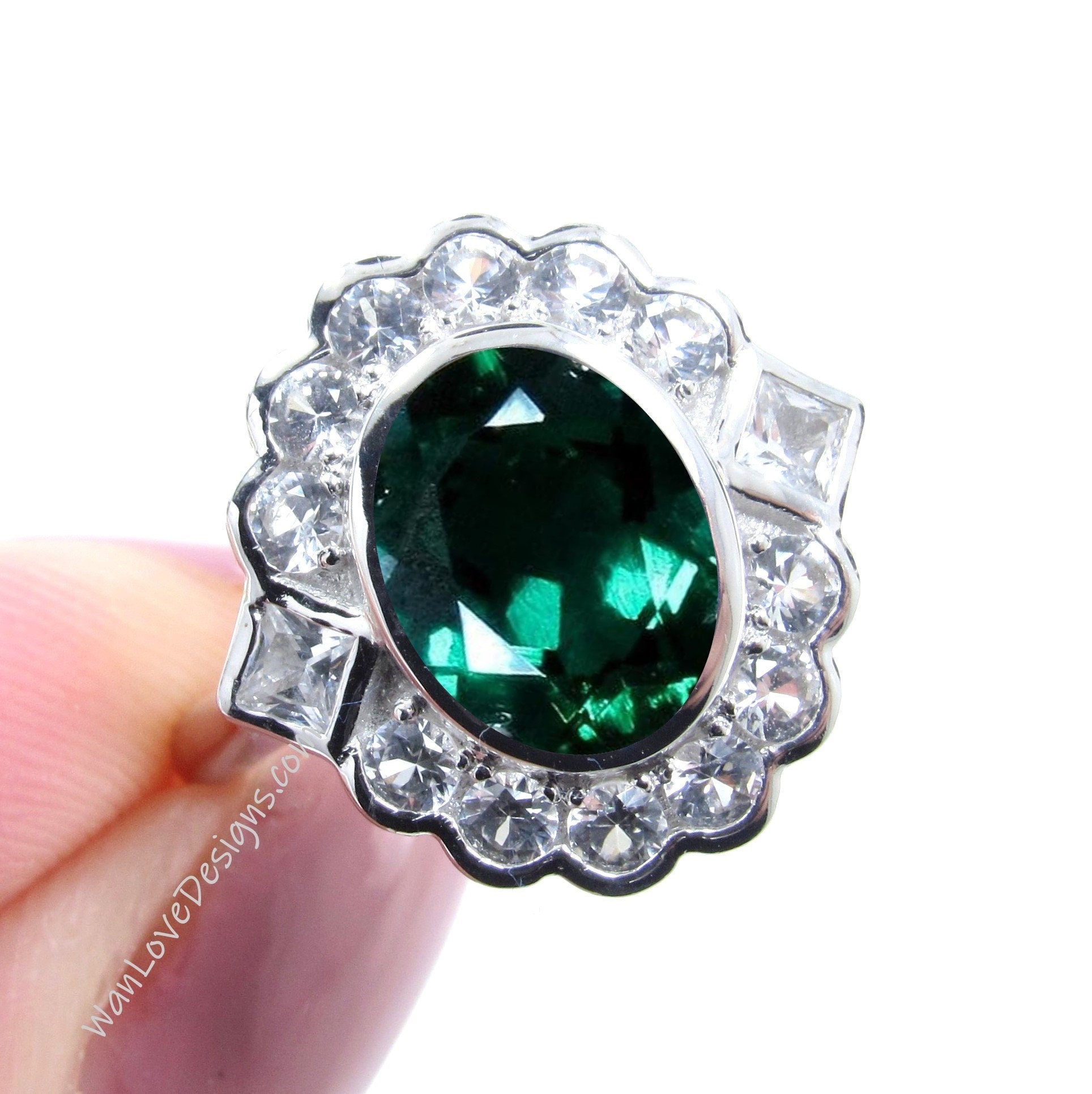 Emerald & Moissanite Oval Semi Bezel Cluster Princess Round Halo Engagement Ring Custom Wedding Jewelry Wan Love Designs