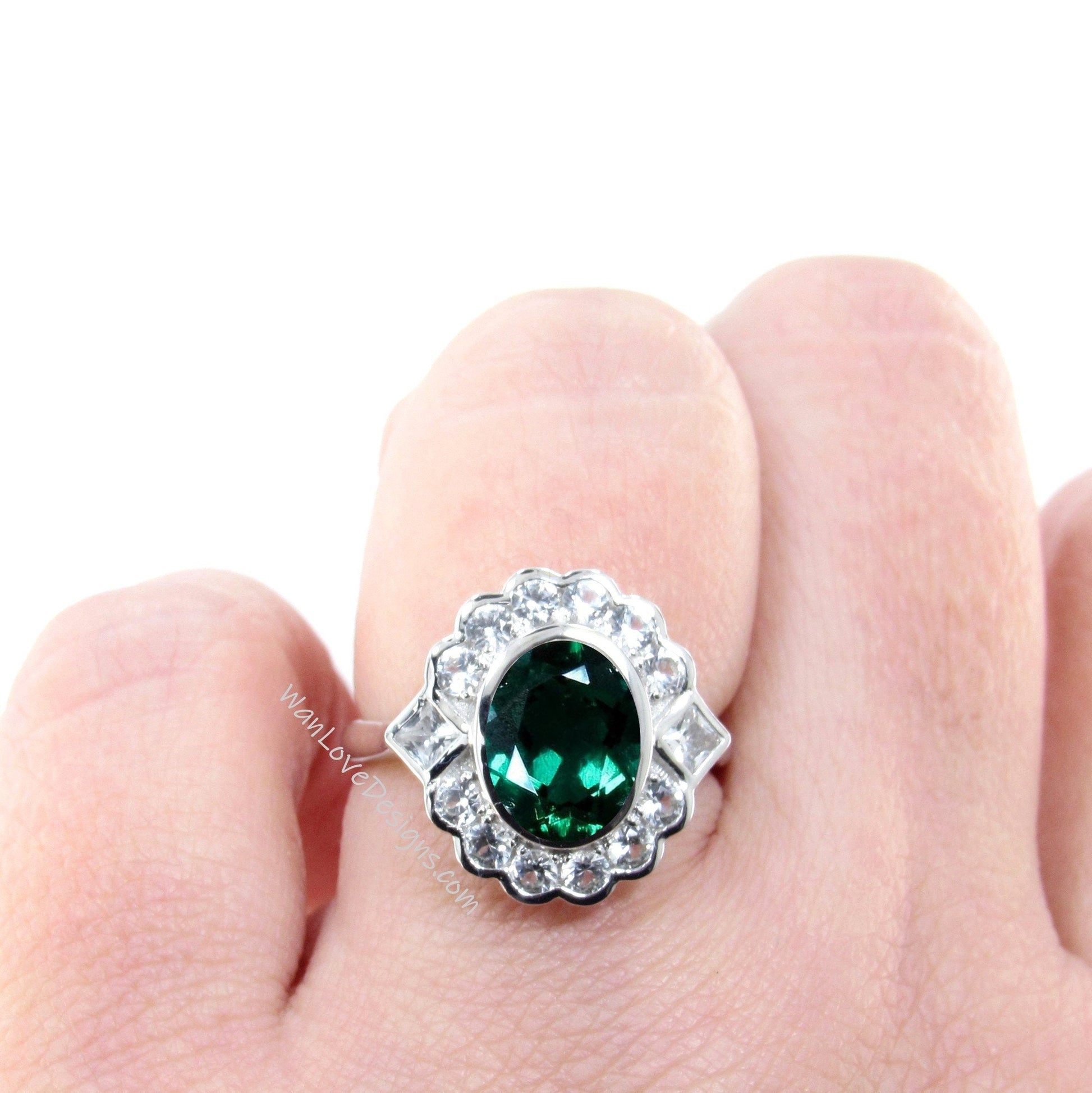 Emerald & Moissanite Oval Semi Bezel Cluster Princess Round Halo Engagement Ring Custom Wedding Jewelry Wan Love Designs