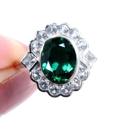 Emerald & Moissanite Oval Semi Bezel Cluster Princess Round Halo Engagement Ring Custom Wedding Jewelry Wan Love Designs