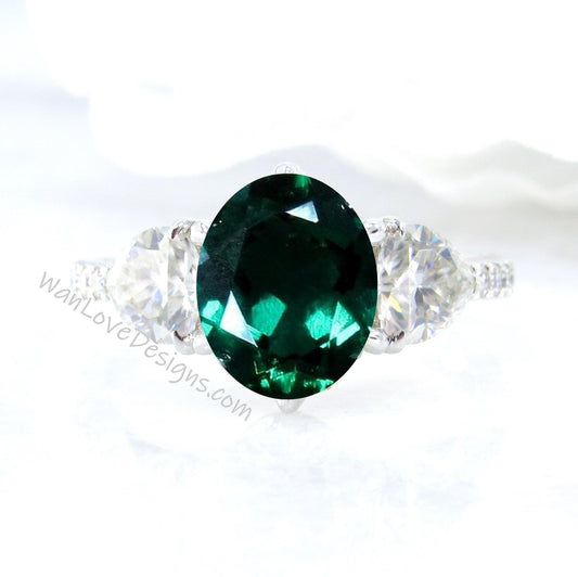 Emerald Moissanite Oval Trillion Engagement Ring, 3 Gem Stone, 4ct, 10x8mm, Custom, Wedding, Anniversary Gift,14k 18k White Rose Yellow Gold Wan Love Designs