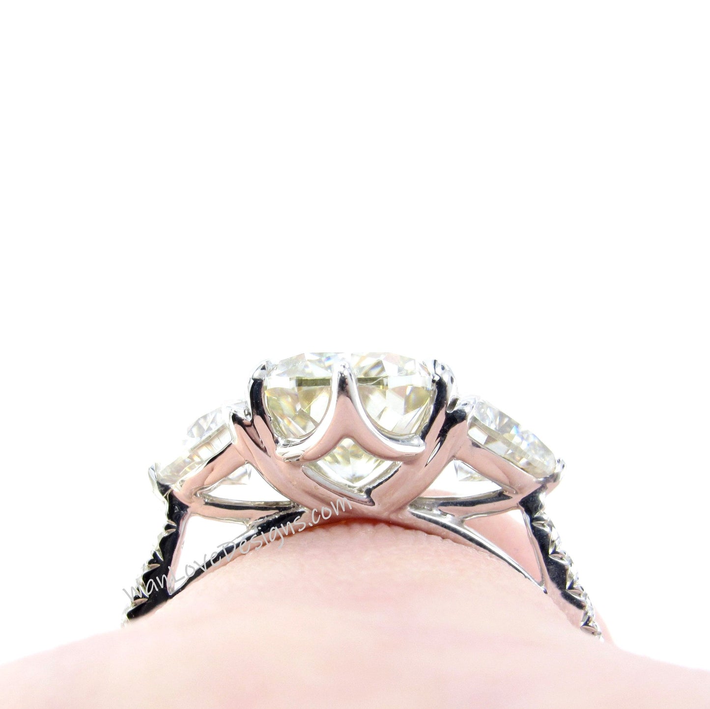 Emerald Moissanite Oval Trillion Engagement Ring, 3 Gem Stone, 4ct, 10x8mm, Custom, Wedding, Anniversary Gift,14k 18k White Rose Yellow Gold Wan Love Designs