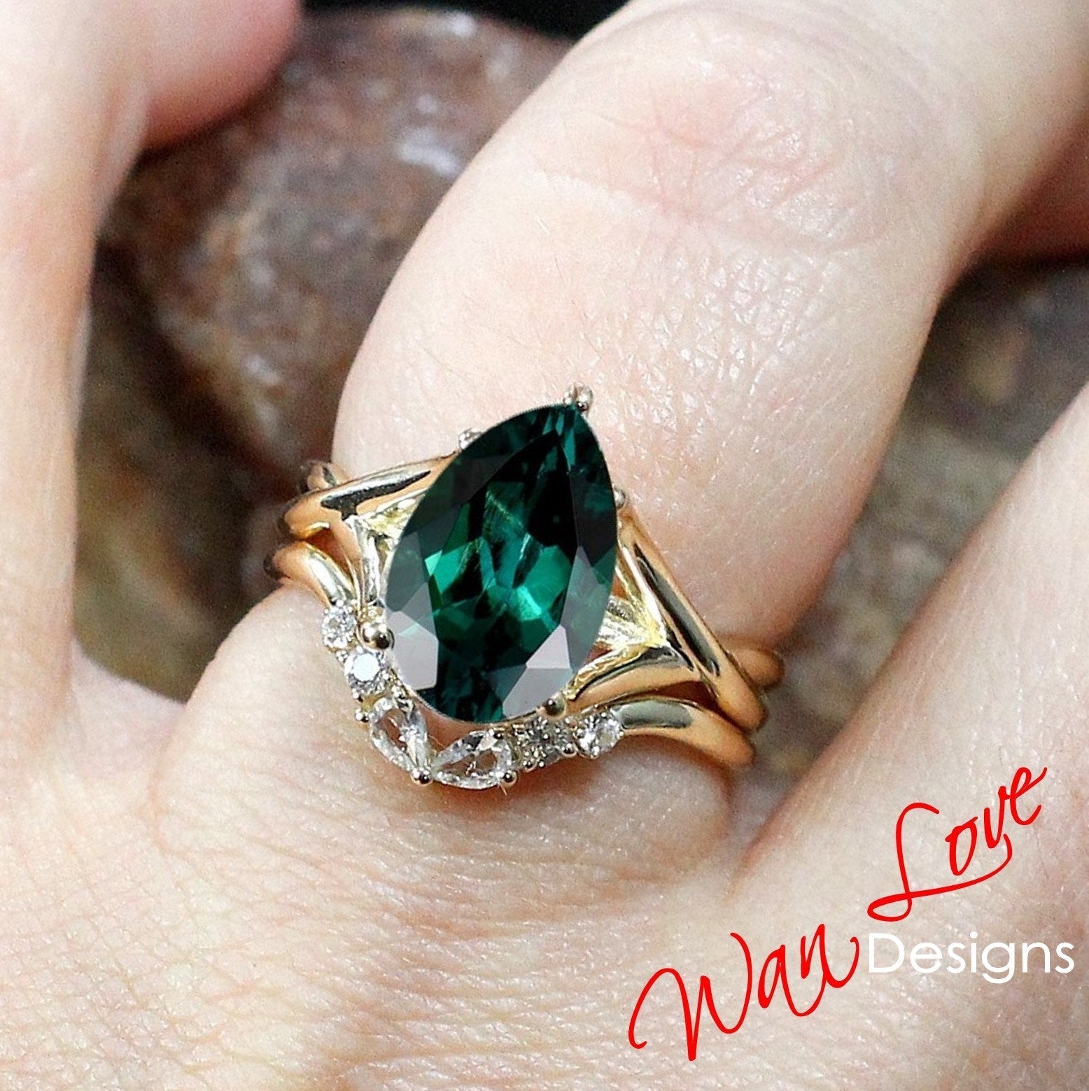 Emerald & Moissanite Pear Twist Split Shank Engagement Ring Set, Contoured Wedding Band, Nesting, Curved, Custom, Anniversary Wan Love Designs