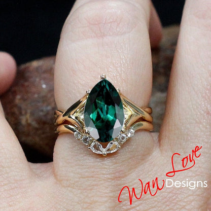 Emerald & Moissanite Pear Twist Split Shank Engagement Ring Set, Contoured Wedding Band, Nesting, Curved, Custom, Anniversary Wan Love Designs