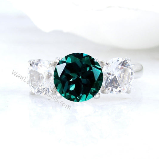 Emerald & Moisssanite 3 Gemstone Round Engagement Ring 14k 18k White Yellow Rose Gold-Platinum-Custom-Wedding-Anniversary Wan Love Designs