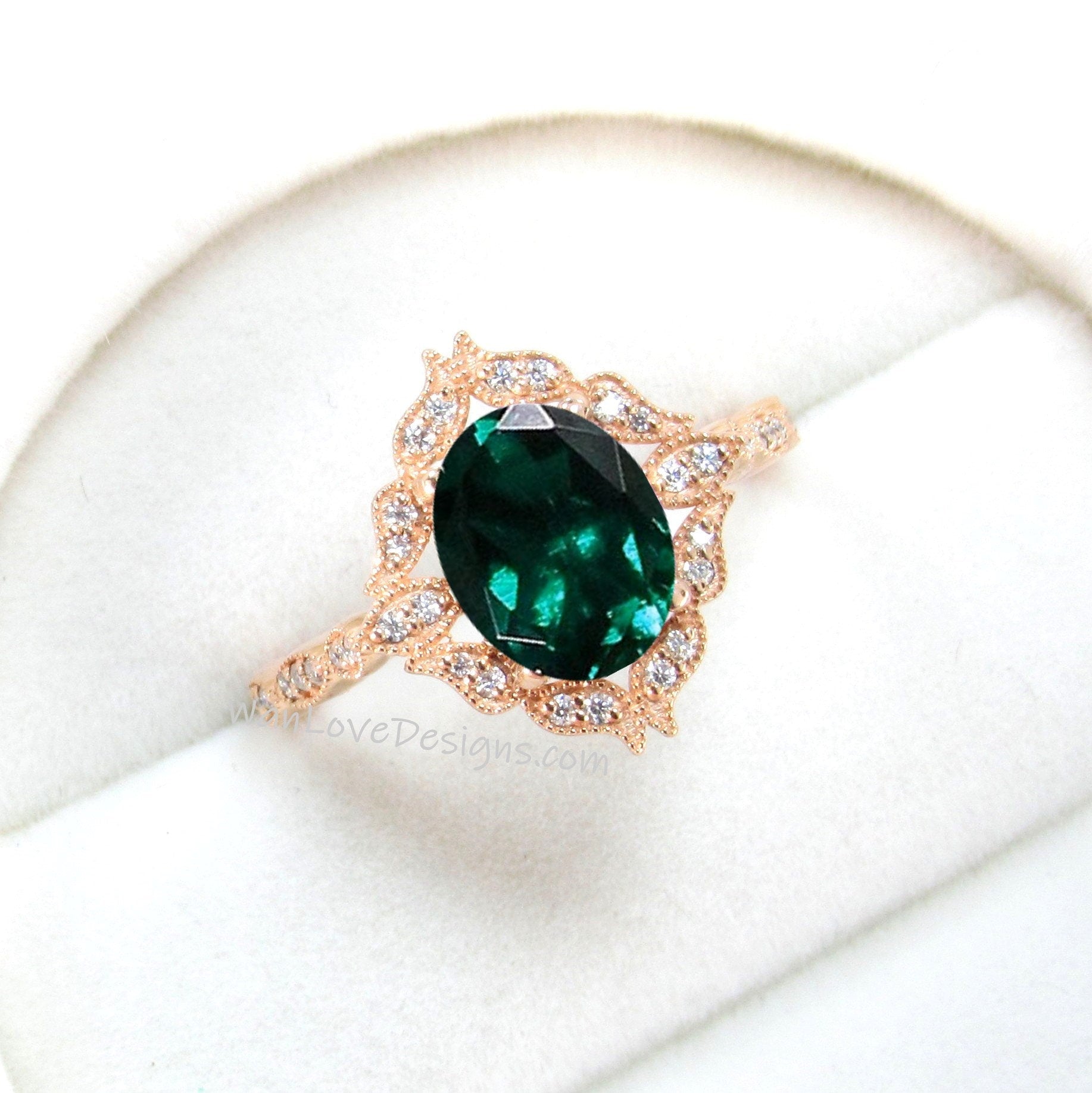Emerald Oval & Diamond Ring, Floral Diamond Ring with Emerald, Emerald Milgrain Ring, Green Engagement Ring, Custom, WanLoveDesigns Wan Love Designs