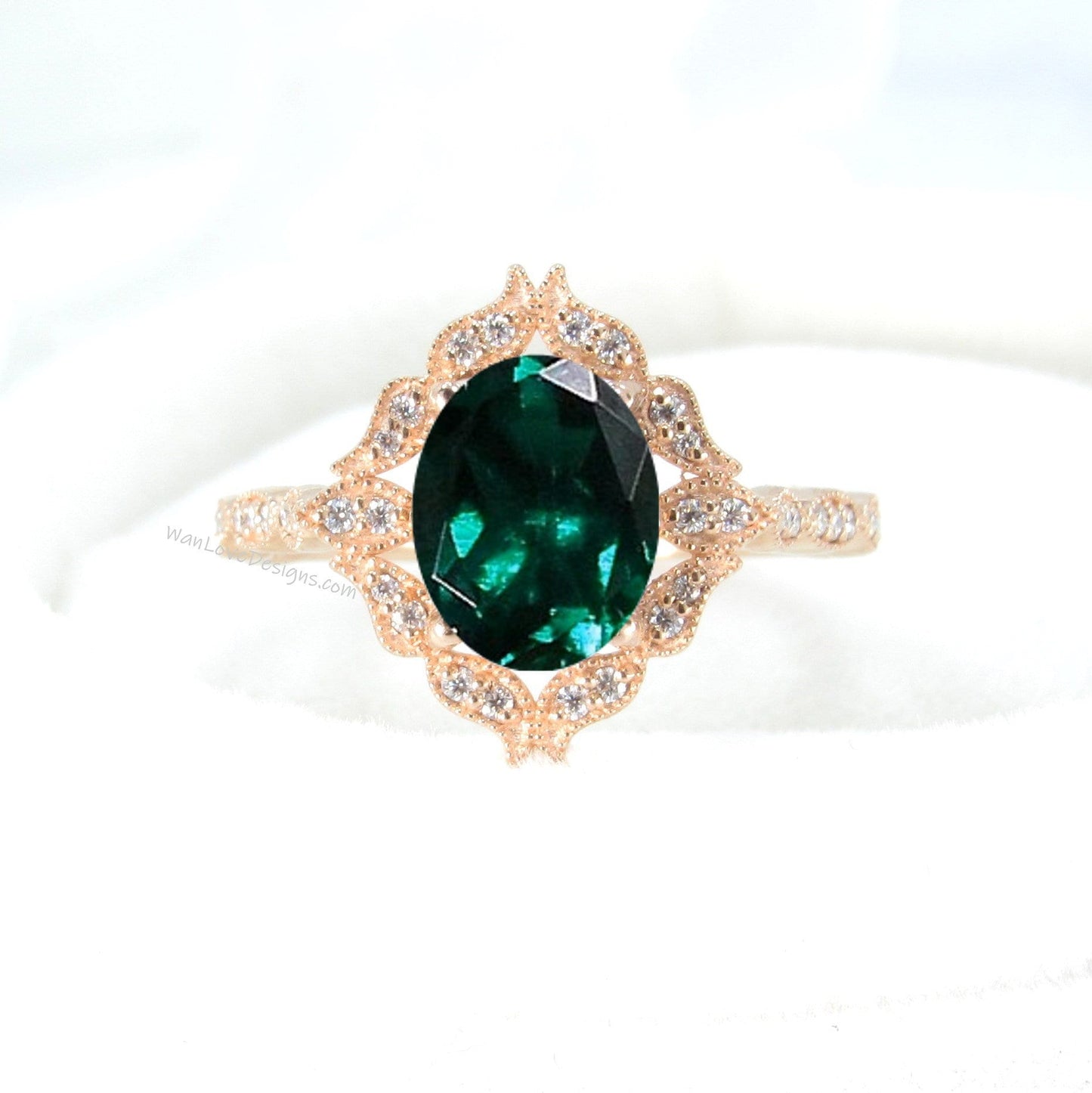 Emerald Oval & Diamond Ring, Floral Diamond Ring with Emerald, Emerald Milgrain Ring, Green Engagement Ring, Custom, WanLoveDesigns Wan Love Designs