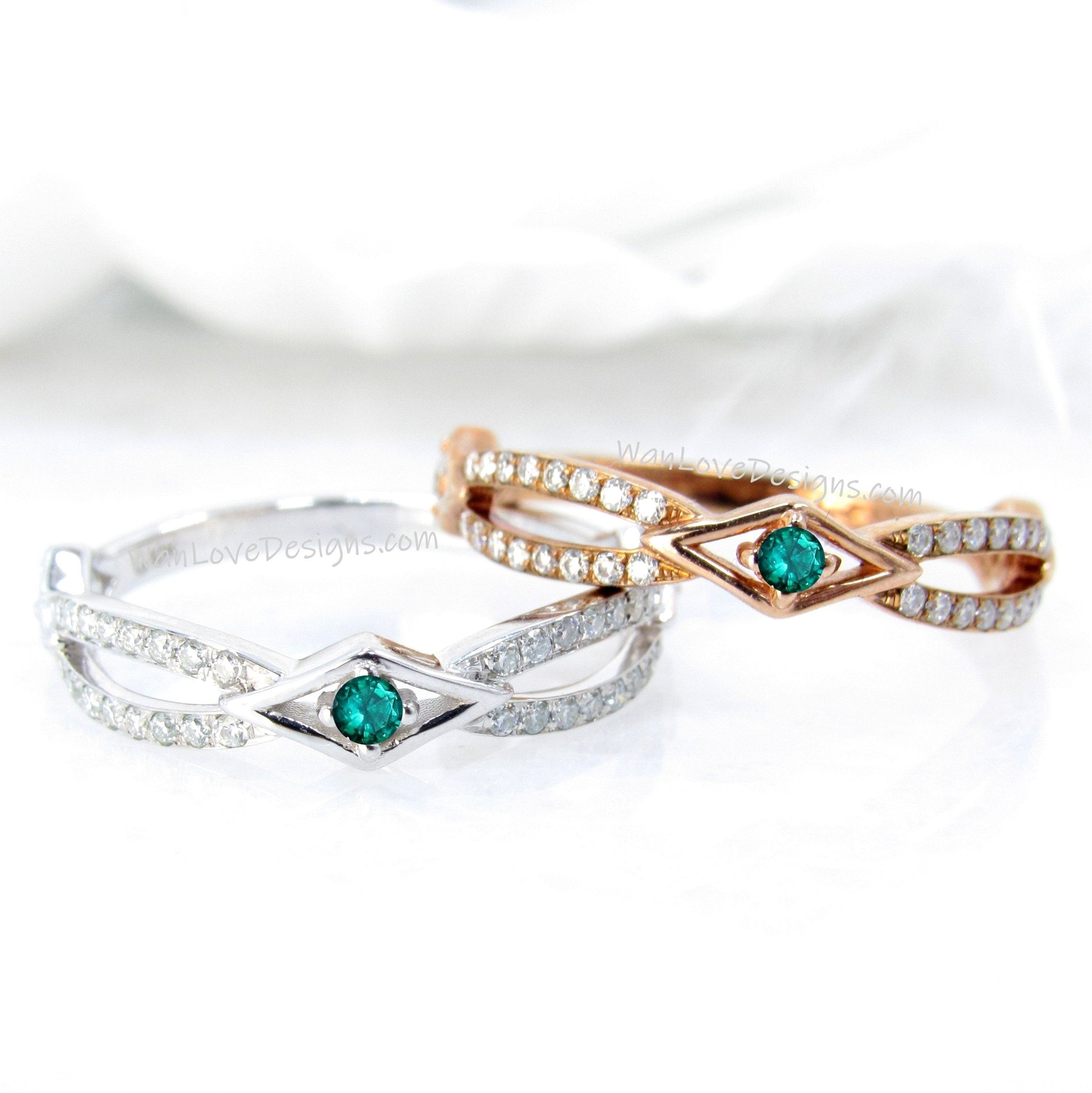 Emerald Pave Split Shank X Ring • Criss Cross Diamond Ring • Almost Eternity Ring • Minimalist Jewelry • Double Band Ring • Gift for Her Wan Love Designs