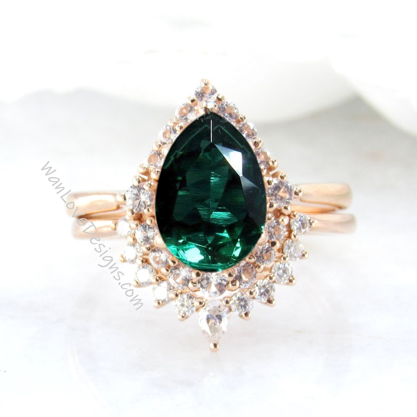 Emerald Pear engagement ring set Graduated Cluster halo rose gold engagement ring women curved tiara Diamond wedding Bridal Band Gift Wan Love Designs