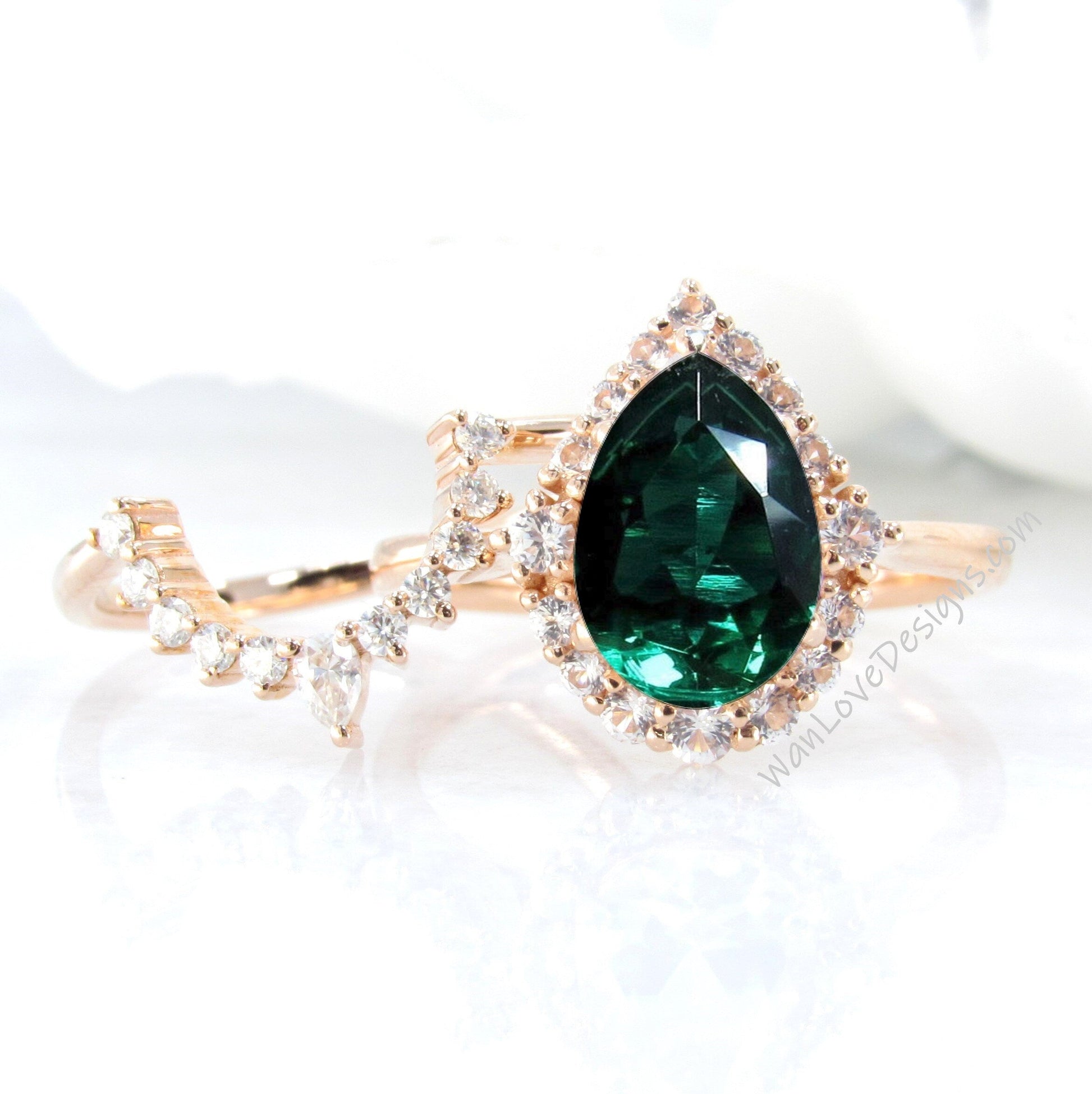 Emerald Pear engagement ring set Graduated Cluster halo rose gold engagement ring women curved tiara Diamond wedding Bridal Band Gift Wan Love Designs