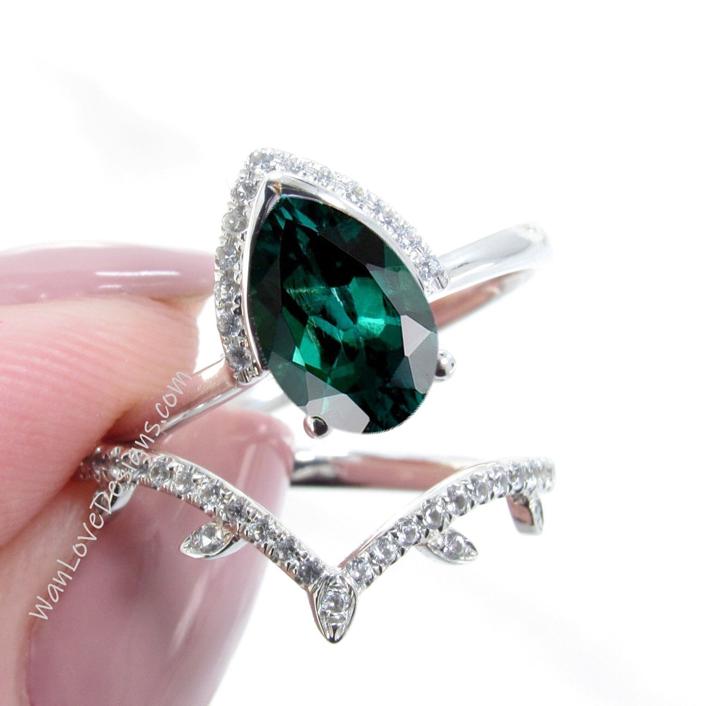 Emerald Pear engagement ring set art deco semi bezel half halo white gold engagement ring women leaf curve Diamond wedding Bridal Band Wan Love Designs