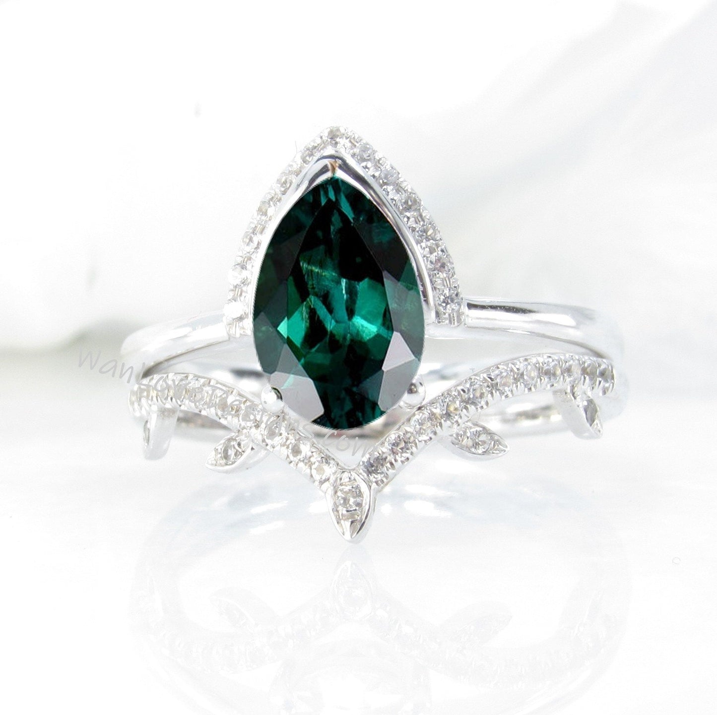 Emerald Pear engagement ring set art deco semi bezel half halo white gold engagement ring women leaf curve Diamond wedding Bridal Band Wan Love Designs