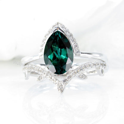 Emerald Pear engagement ring set art deco semi bezel half halo white gold engagement ring women leaf curve Diamond wedding Bridal Band Wan Love Designs