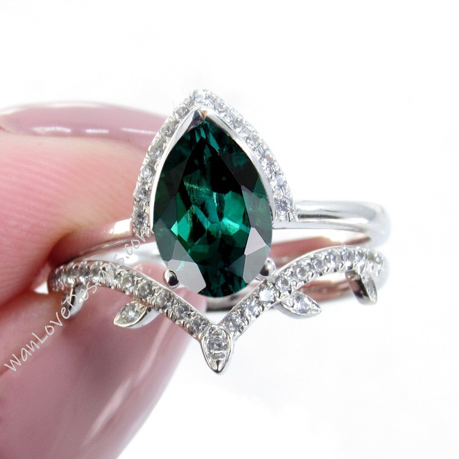 Emerald Pear engagement ring set art deco semi bezel half halo white gold engagement ring women leaf curve Diamond wedding Bridal Band Wan Love Designs