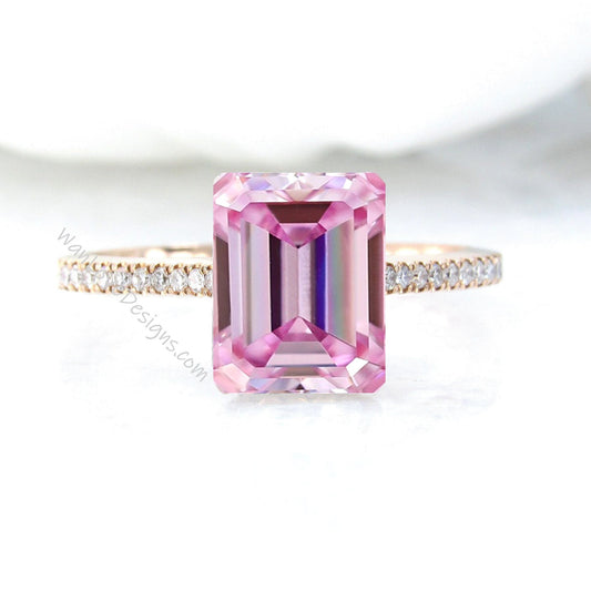 Emerald Pink Moissanite Engagement Ring Antique Rose Gold minimal Diamond band Art Deco Delicate Wedding Bridal Anniversary Promise Ring Wan Love Designs