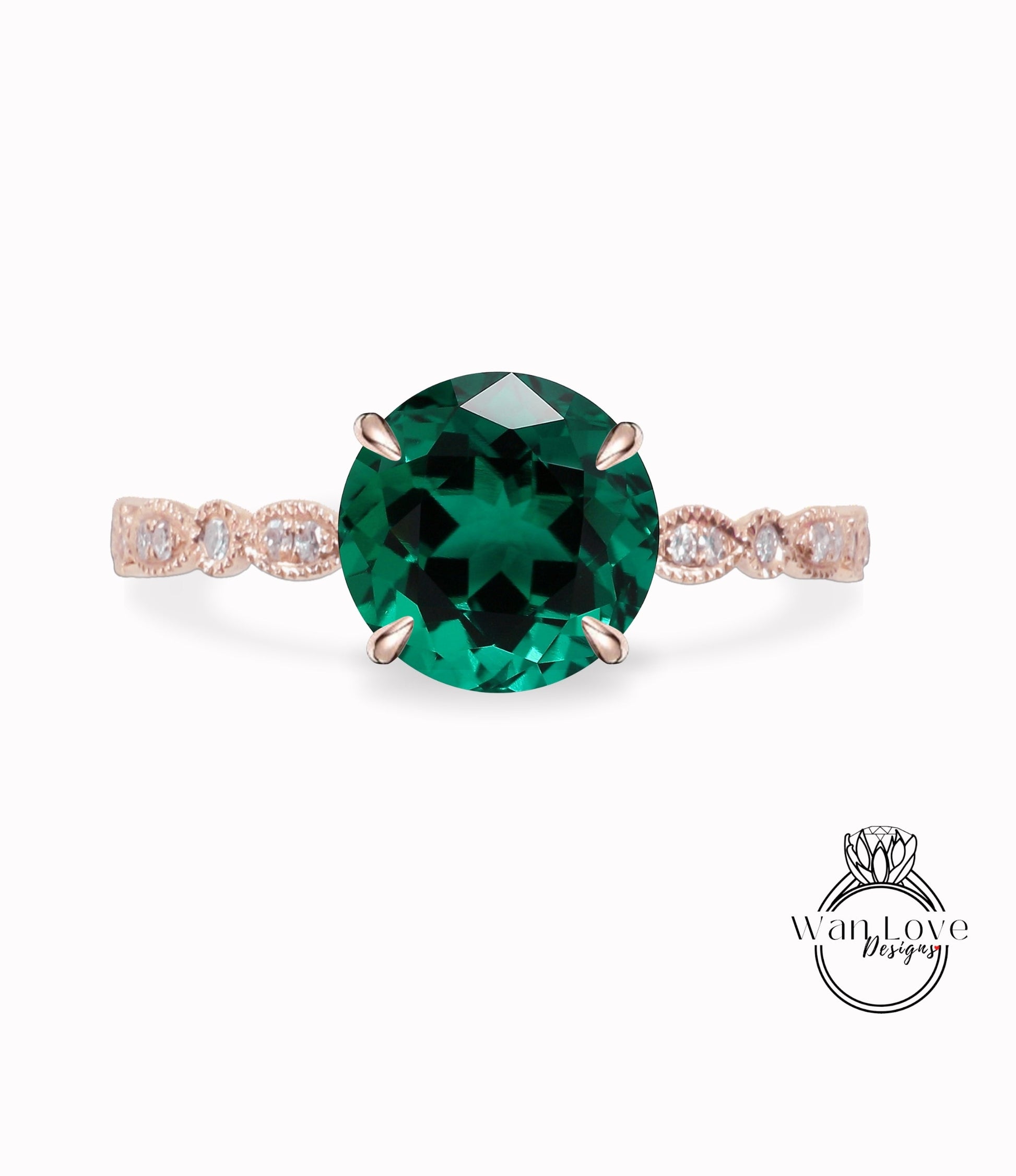 Emerald Round & Diamond Art Deco Vintage Pave WITH or WITHOUT Milgrain Engagement Wedding Rings, 14kt 18kt Solid Rose White Yellow Gold Wan Love Designs